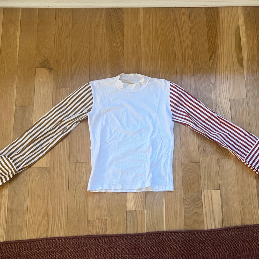 White Long Sleeve Tee with Brown and Red Striped Sleeves